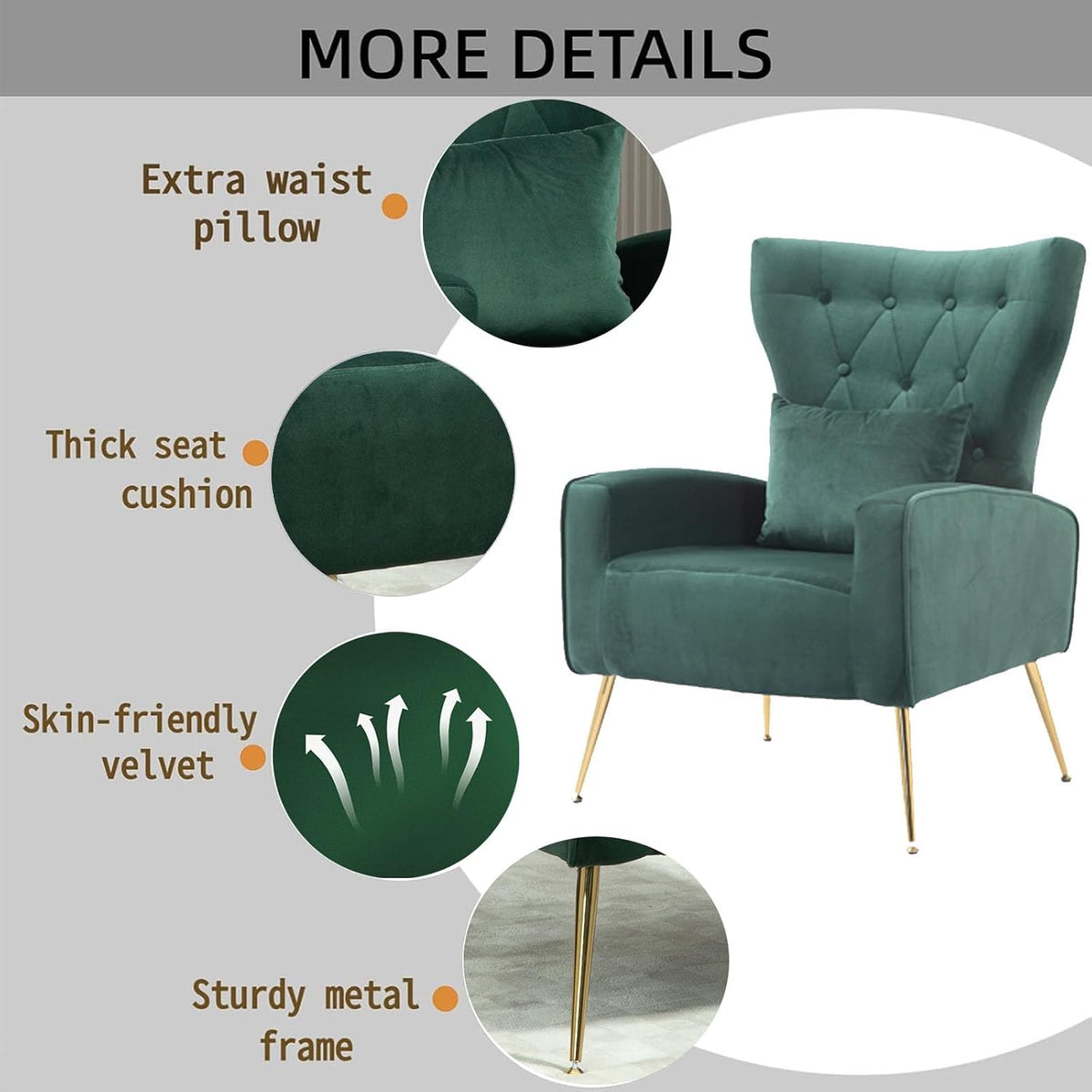 Button-Tufted Velvet Accent Chair, Mid Century Modern Living Room Chair with High Wingback, Upholstered Arm Chair with Metal Gold Legs for Bedroom, Club, Green