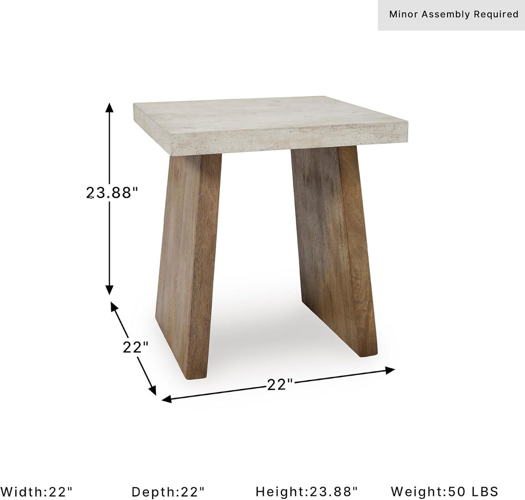 Signature Design by Ashley Brendalhouse Casual End Table with Faux Cement Top and Double Plinth Base, Solid Mango Wood, Melamine Laminate, Casually Cool Design, Light Brown & White