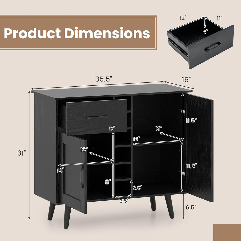 GOFLAME Wine Bar Cabinet, Buffet Sideboard with 2 Doors & 1 Drawer, 6-Bottle Wine Rack, Adjustable Shelves, Cupboard with Storage for Kitchen, Living Room, Black