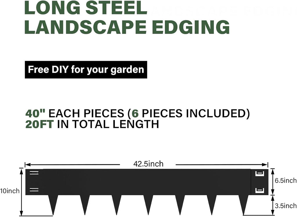 Black Steel Landscape Edging - 6 Pack, 40" L x 10" H Each (20ft Total), Bendable Metal Edging for Yard, Garden, Lawn