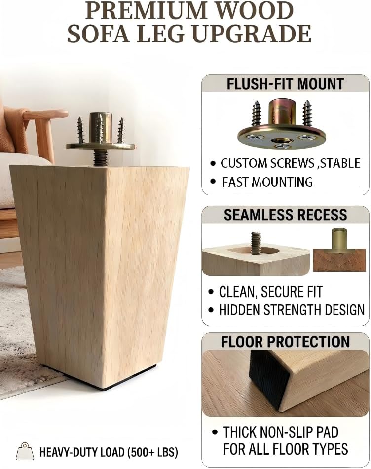 Unfinished Wood Furniture Legs 4 inch Sofa Legs Pack of 4 Square Couch Legs Mid-Century Modern Replacement Legs for Armchair Recliner Coffee Table Dresser(4" H*2.75" W)