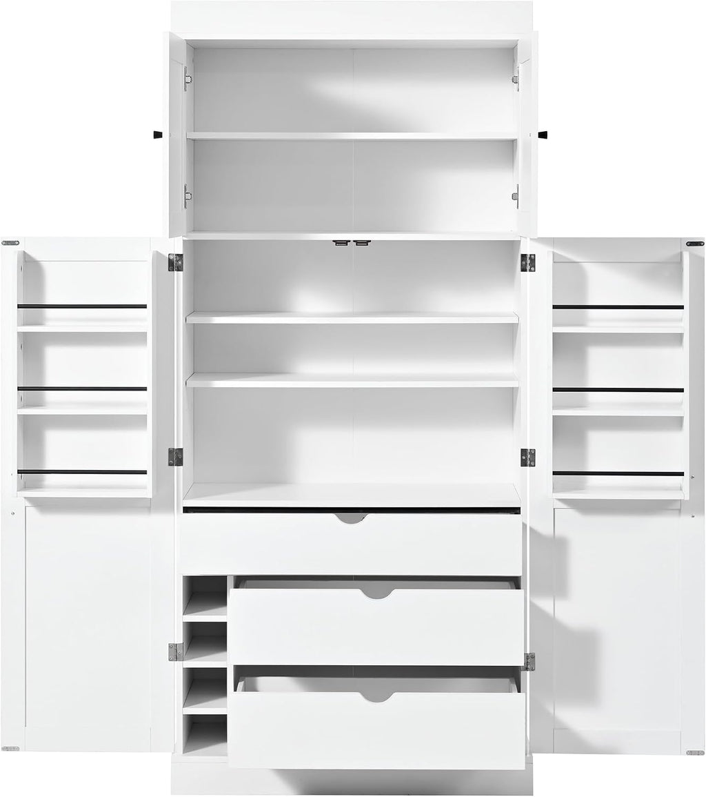 77'' Tall Freestanding Kitchen Pantry Cabinet, 35"L x 17.7"W Modern Shaker Style Cupboard with Adjustable Shelves, Wine Racks, Power Outlet & USB Ports, Anti-Tip Design, Easy Assembly (White)