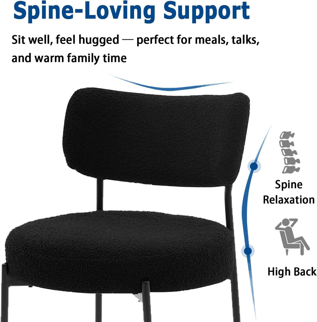 Black Boucle Dining Chairs Set of 6, Upholstered Dinner Chair with Metal Frame, Dining Room Chairs with Padded Seat, Round Modern Seating for Living Room