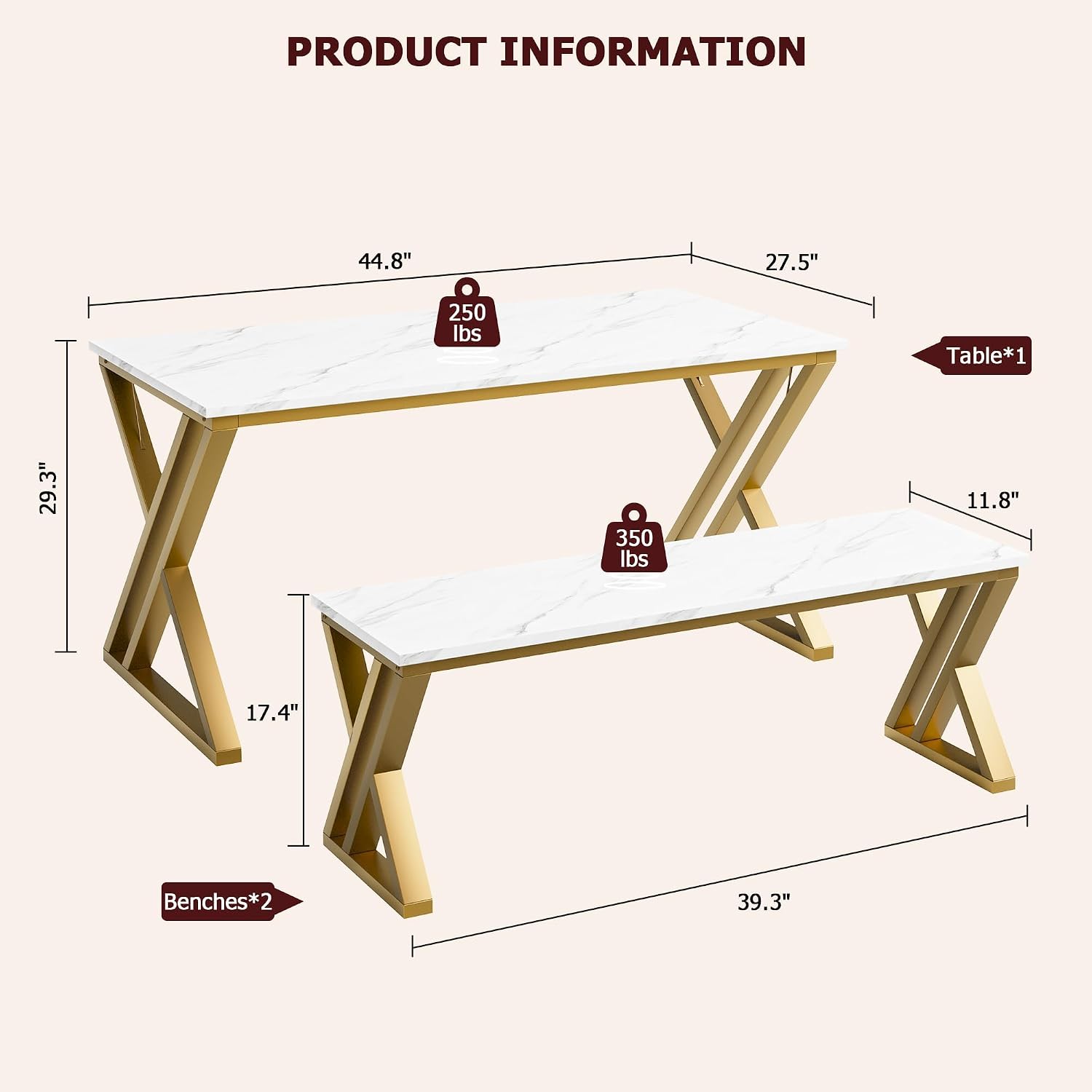 GarveeHome Kitchen Table with 2 Benches, Dining Table Set for 4 | Unique X-Shaped Design,Faux Marble Tabletop,Saving Space,For Kitchen, Dining Room,Apartment,Sturdy Metal Frame