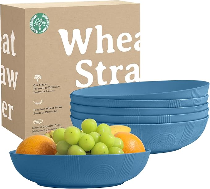 Homienly Large Wheat Straw Salad Bowls - Set of 6, 65 OZ, 10 Inch, Microwave & Dishwasher Safe - Navy Blue