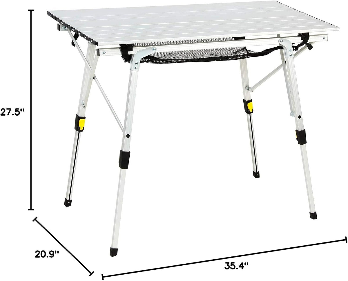 Portal Outdoor Folding Portable Picnic Camping Table with Adjustable Height Aluminum Roll Up Table Top Mesh Layer, Silver
