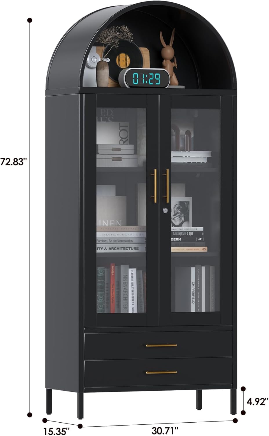 73" Tall Display Cabinet with Glass Doors and 2 Drawers, Metal Arched Cabinet with 2 Adjustable Shelves & Lock, Freestanding Curio Storage Cabinet for Home, Assembly Required, Black