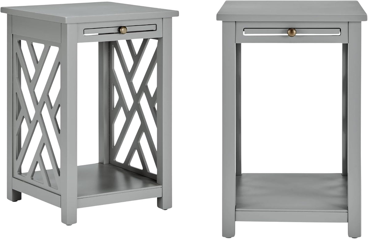 Alaterre Furniture Coventry 2-Pack Wood End Tables – Compact Side Tables with Pull-Out Tray, Bottom Shelf, and Open Square Side Panels – Easy Assembly Storage Tables for Living Room or Bedroom (Gray)