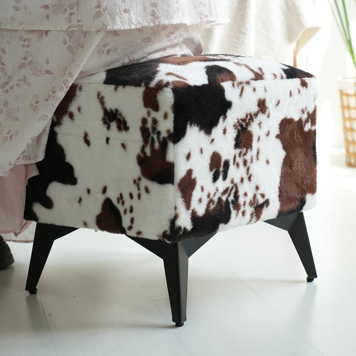 Faux Cowhide Ottoman, Upholstered Foot Stool,Animal Print Ottoman - 16 x 16 x 17 Inches, Cube Footrest with Solid Metal Legs for Living Room,Bedroom & Entryway (Coffee)