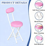 Folding Stool with Back, Padded Leather Round Foldable Stool, Foldable Bar Chairs, Round Portable Collapsible Stool for Gardening Kitchen Camping Cafe Indoor Outdoor,Pink