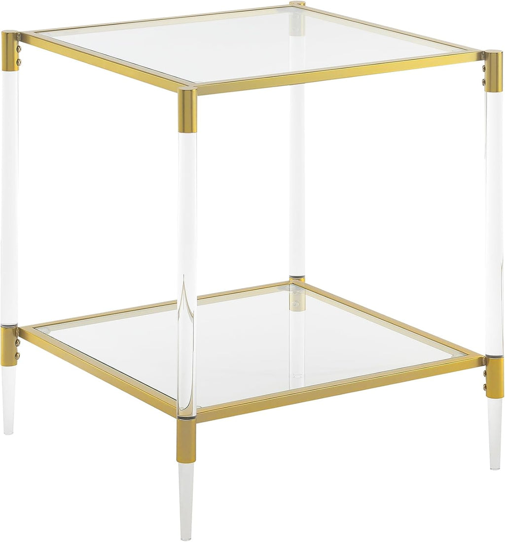 Convenience Concepts Royal Crest Acrylic Glass Square End Table 20.25" - Modern 2-Tier Tempered Glass Living Room Side Table with Storage Shelf, Gold Chrome Frame Table with Acrylic Legs, Glass, Gold