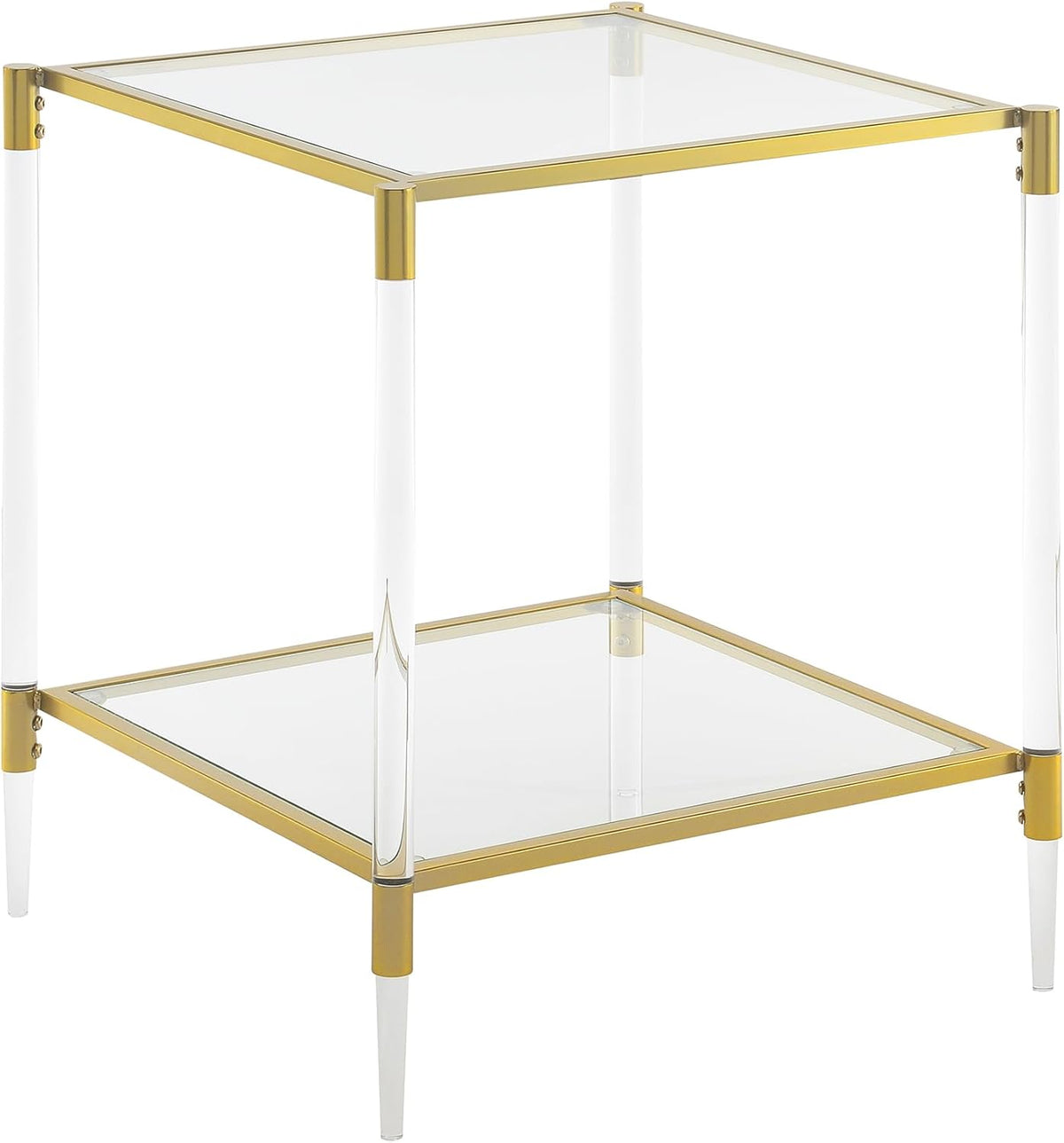 Convenience Concepts Royal Crest Acrylic Glass Square End Table 20.25" - Modern 2-Tier Tempered Glass Living Room Side Table with Storage Shelf, Gold Chrome Frame Table with Acrylic Legs, Glass, Gold