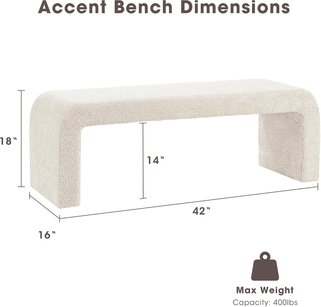 Ink+Ivy Steve Entryway Accent Bench Padded, Cozy Plush Boucle Upholstered Bench for Living Room, Modern Curved Corner Compact Bed End Bench for Bedroom, Indoor Seating, Fully Assembled, 42" W Cream