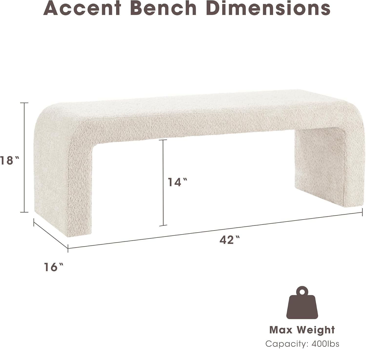 Ink+Ivy Steve Entryway Accent Bench Padded, Cozy Plush Boucle Upholstered Bench for Living Room, Modern Curved Corner Compact Bed End Bench for Bedroom, Indoor Seating, Fully Assembled, 42" W Cream