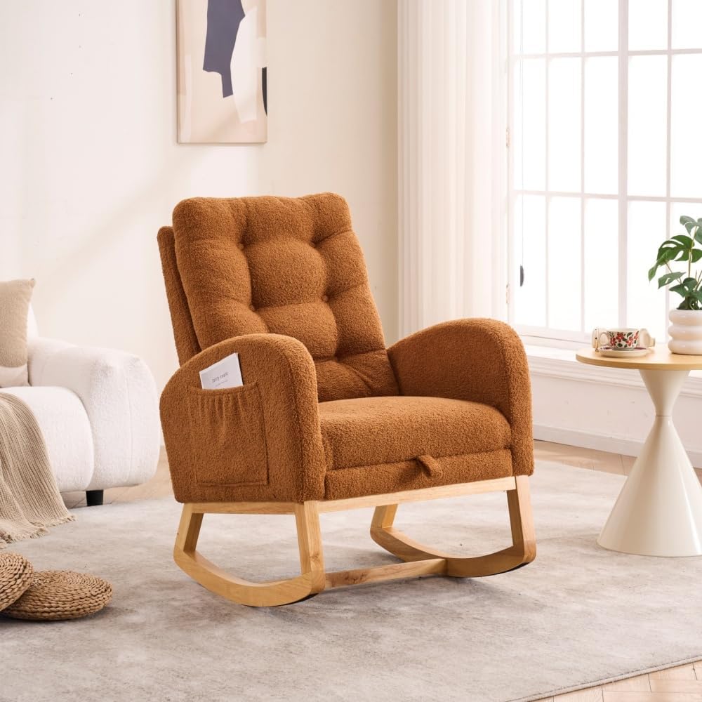 Accent Rocking Chair with Footrest High Back Rubber Wood Rocking Legs Bedroom Living Space (Caramel + Teddy + Foam)
