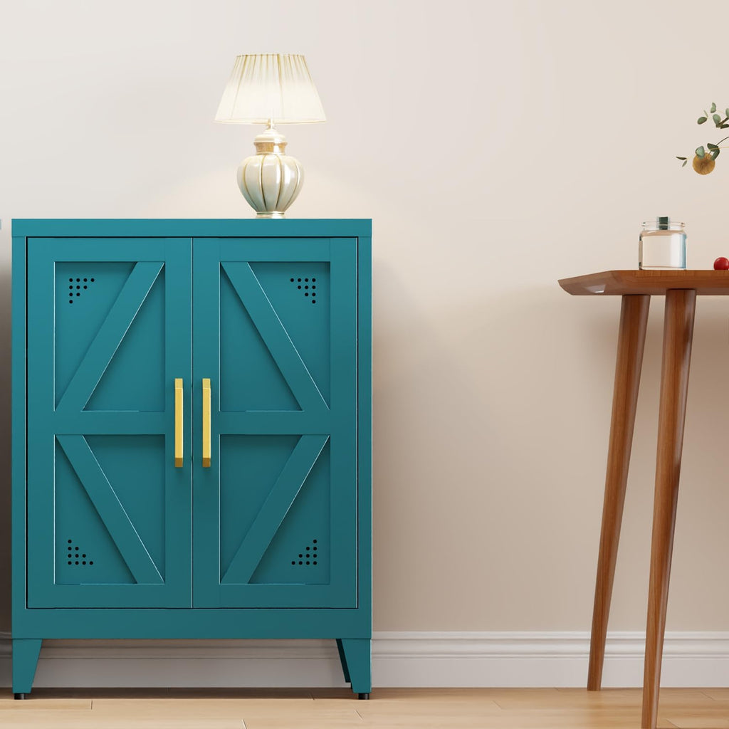 32" Metal Kitchen Pantry Cabinet,Floor Bathroom Storage Cabinet with 2 Adjustable Shelves,Freestanding Sideboard for Small Spaces, Living Room, Hallway, Dining Room,Blue