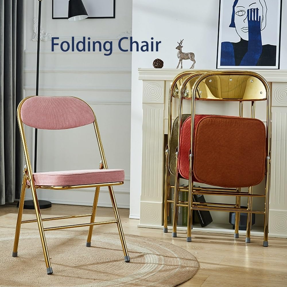 Corduroy Fabric Folding Chair, Home Balcony Retro Folding Chair, Metal Foldable Stool Chair with Backrest for Photo Office Meeting Chair(Blue+Silver)