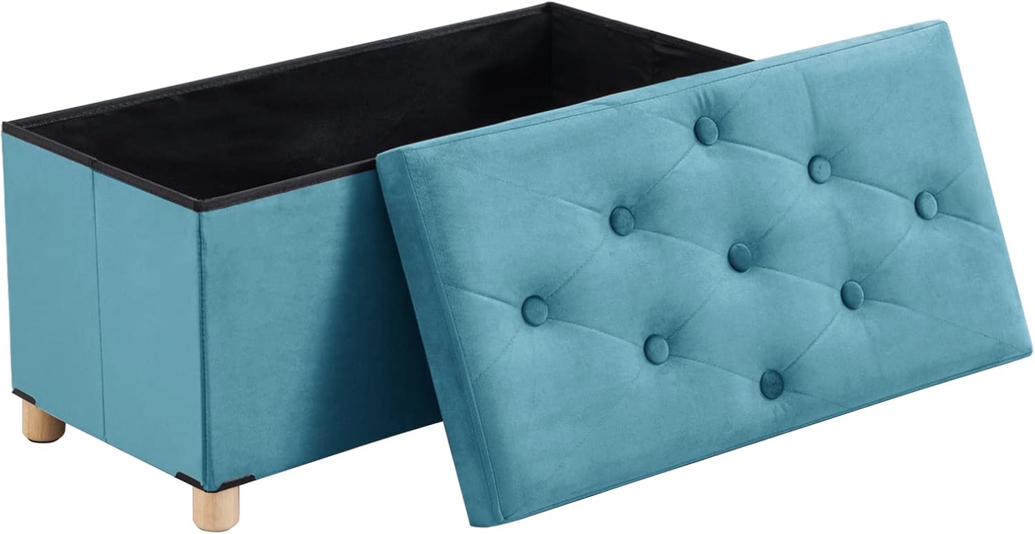 BRIAN & DANY 30 Inches Folding Storage Ottoman Bench, Ottoman with Storage for Living Room, with Wooden Feet and Lid, Teal