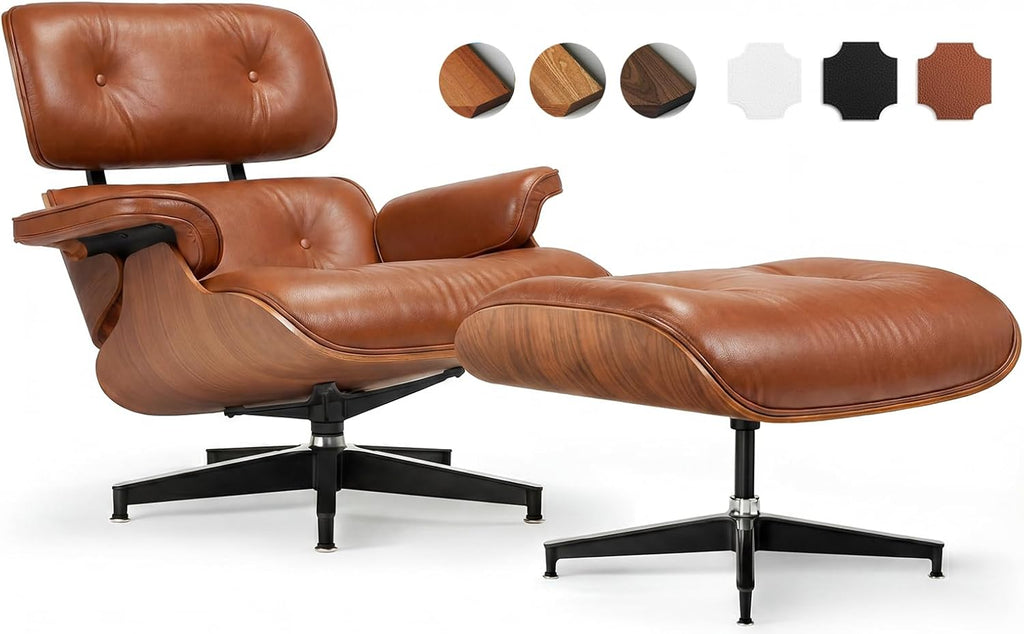 Top Grain Leather, Mid Century Chaise Lounge Chair and Ottoman, Reading Chair, Accent Chair, Modern Classic Chair, Heavy Duty Base Support for Living Room Lounge Office, Walnut-Brown, Heightening