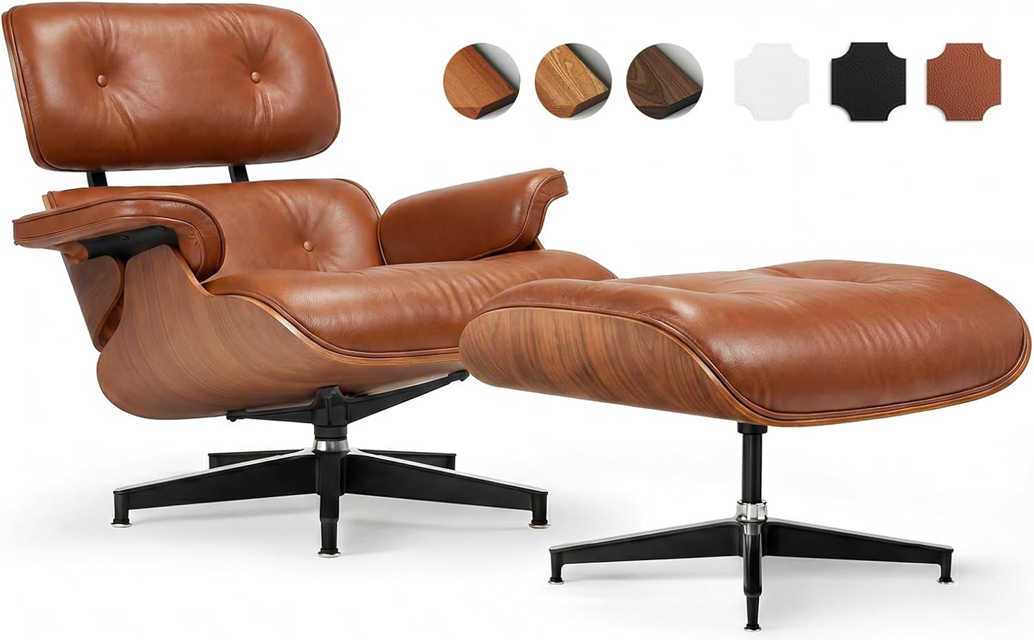 Top Grain Leather, Mid Century Chaise Lounge Chair and Ottoman, Reading Chair, Accent Chair, Modern Classic Chair, Heavy Duty Base Support for Living Room Lounge Office, Walnut-Brown, Heightening