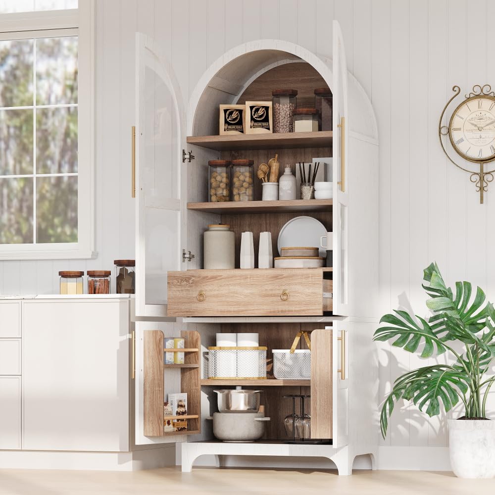 71 Inch Farmhouse Kitchen Pantry Storage Cabinet with Doors, Open Shelf, Hidden Drawer, Adjustable Shelves, Glass Door, Cupboard for Dining Room (Retro White Arched Pantry Cabinet+ MDF)