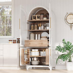 71 Inch Farmhouse Kitchen Pantry Storage Cabinet with Doors, Open Shelf, Hidden Drawer, Adjustable Shelves, Glass Door, Cupboard for Dining Room (Retro White Arched Pantry Cabinet+ MDF)