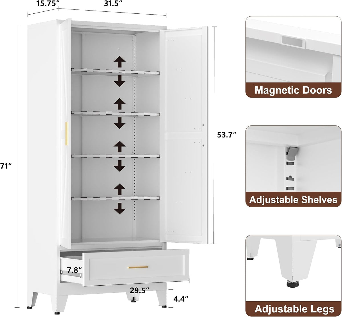LCAOPC 71" Tall Metal Pantry Storage Cabinet with Drawer and Adjustable Shelves, Freestanding Kitchen Cupboard Storage Cabinet for Kitchen,Dining Room, Living Room, White