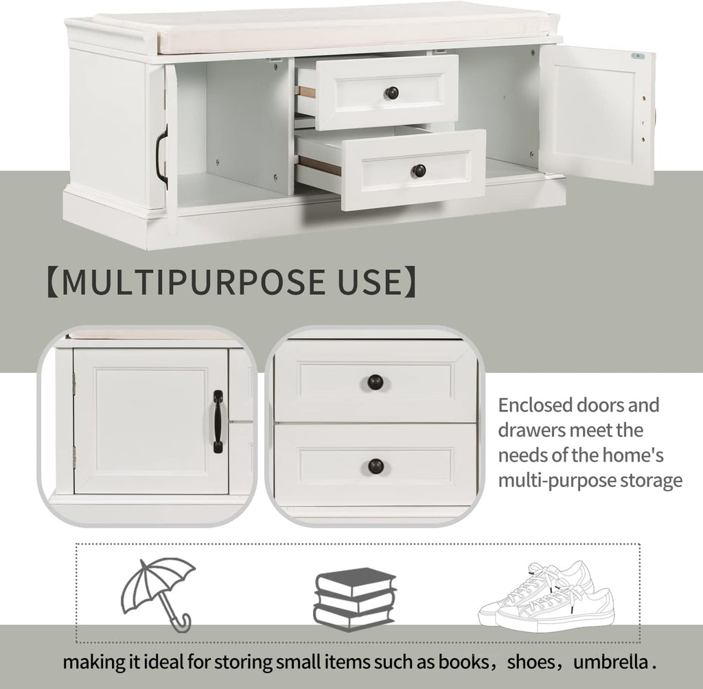 GDFStudio Jasd 42.50" Storage Bench with 2 Drawers and 2 Cabinets, Shoe Bench with Removable Cushion, Solid Wood Frame Storage Ottoman, Rectangular Cabinet Shoe Seat for Living Room Entryway, White