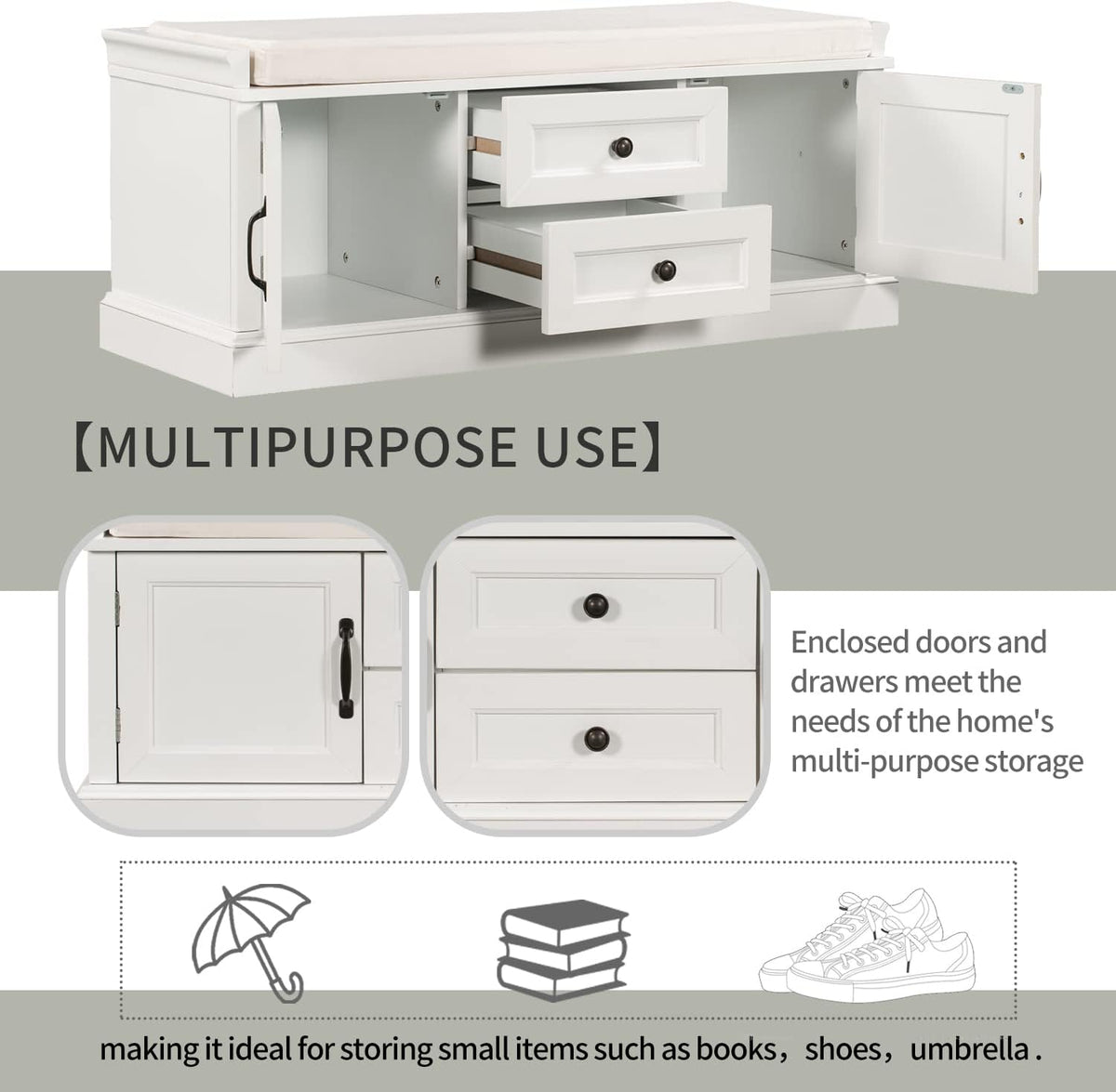 GDFStudio Jasd 42.50" Storage Bench with 2 Drawers and 2 Cabinets, Shoe Bench with Removable Cushion, Solid Wood Frame Storage Ottoman, Rectangular Cabinet Shoe Seat for Living Room Entryway, White