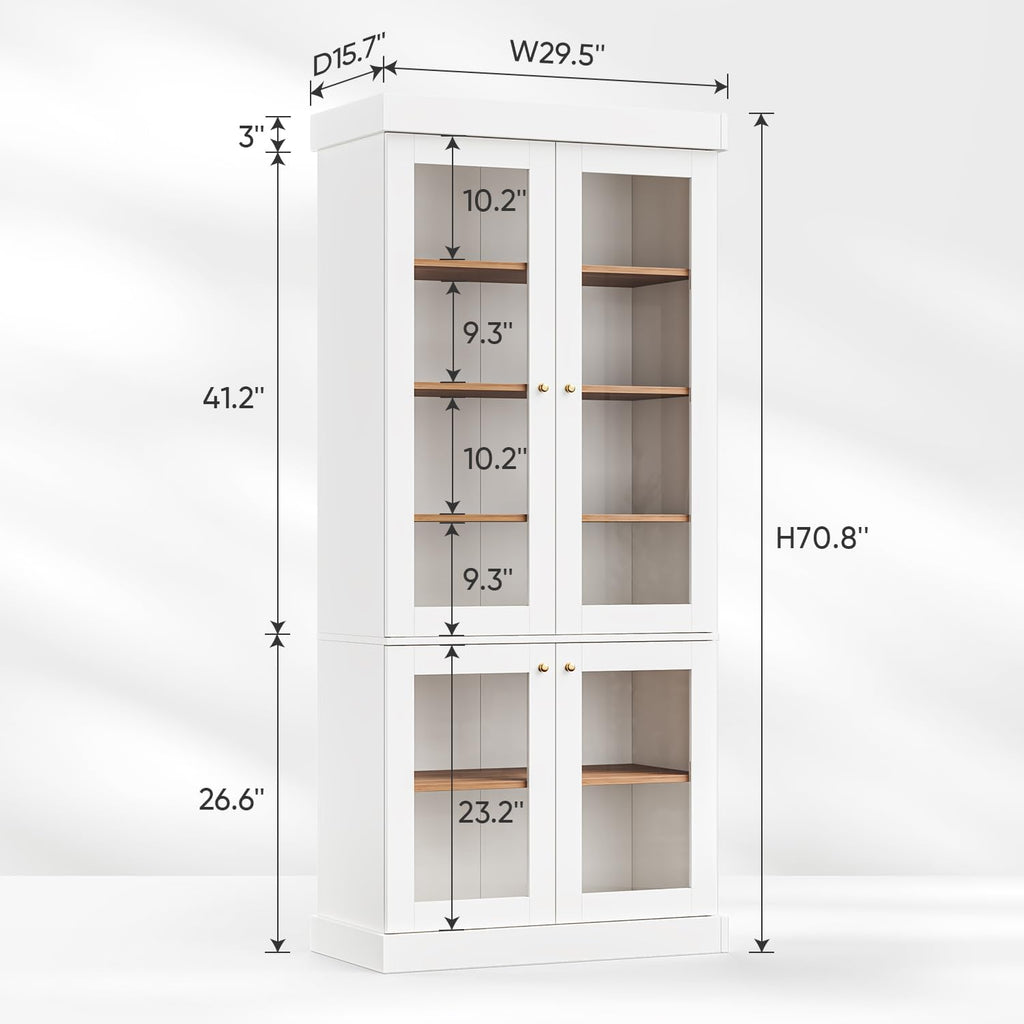 70.8" Tall Farmhouse Modular Kitchen Pantry Cabinet with Glass Doors & Wooden Storage Hutch with Six-Tier Adjustable Shelves, White，2pcs