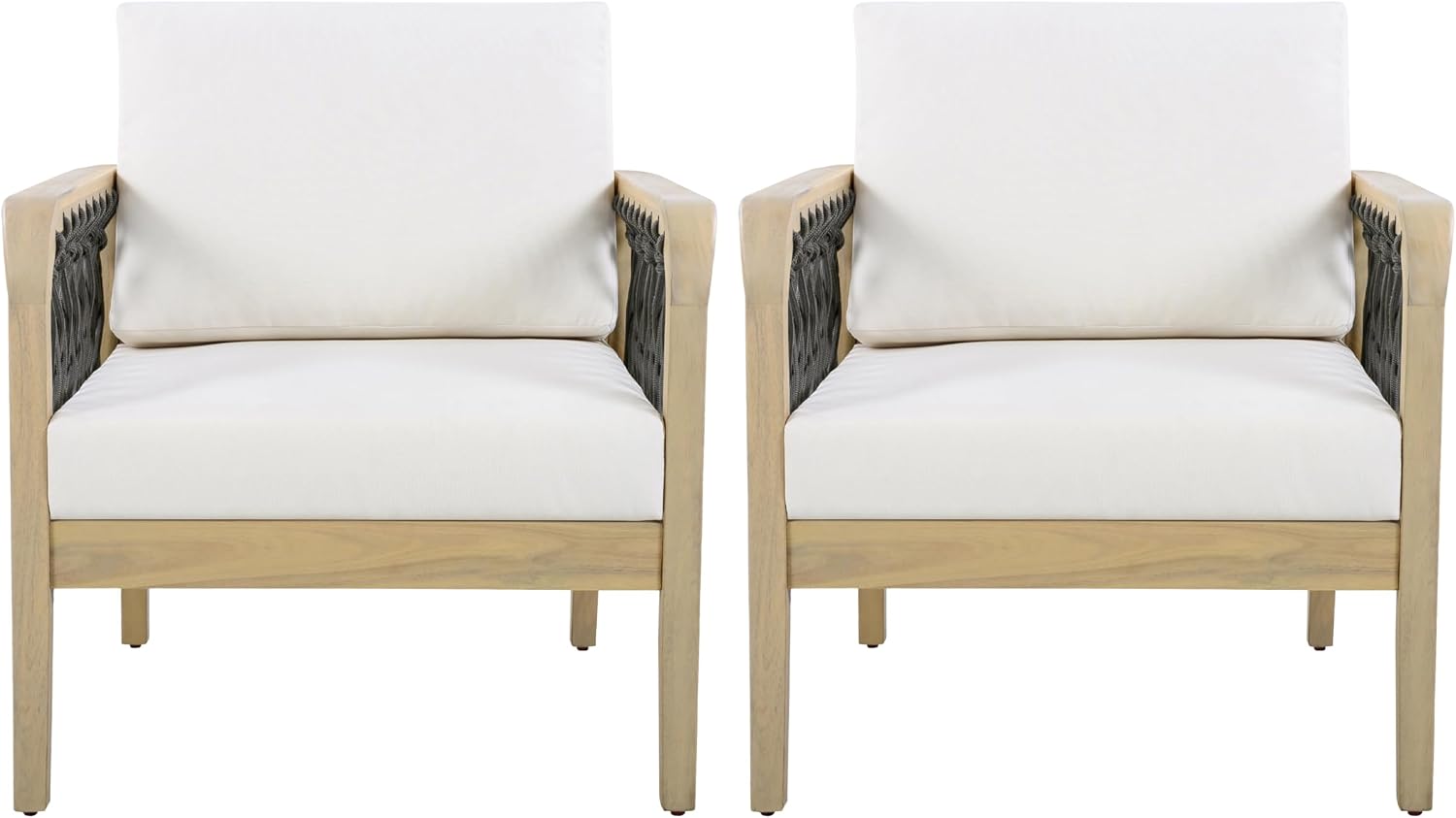 Outdoor Acacia Wood Club Chair with Handwoven Rope, Weather-Resistant, Set of 2, Light Teak Finish, 400 Lbs Capacity