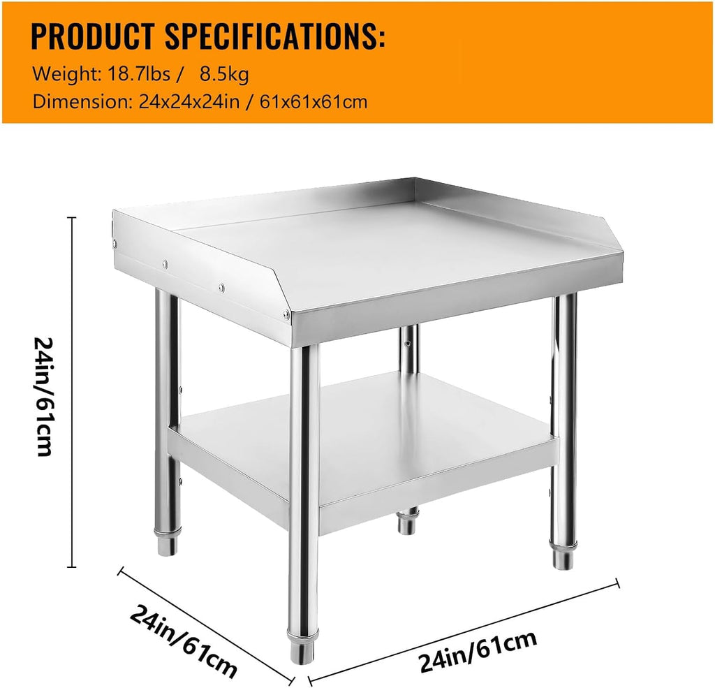 Stainless Steel 24x24x24 Inch Equipment Grill Stand Table, 660 Lbs Top & Bottom Shelf, Adjustable Legs, 2" Edge Baffle, for Hotel, Home, Commercial Restaurant Kitchen