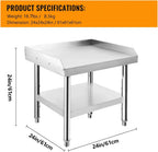 Stainless Steel 24x24x24 Inch Equipment Grill Stand Table, 660 Lbs Top & Bottom Shelf, Adjustable Legs, 2" Edge Baffle, for Hotel, Home, Commercial Restaurant Kitchen