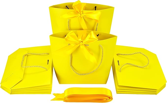 HUAPRINT Gift Bags with Handles,7.48×3.54×7.9 inches,Party Favor Bags with Bow Ribbon,12Pcs Yellow Paper Bags for Birthday Wedding Bridesmaid Present Celebration Holiday