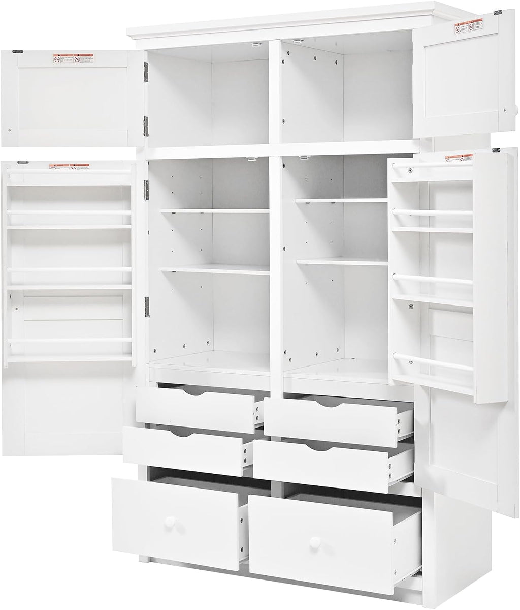 74.8" Tall Kitchen Pantry Cabinet with 4 Doors 6 Drawers 4 Pull-Out Trays, Freestanding Kitchen Cabinet Organizer for Dining Room Living Room, Pantry Cabinets for Kitchen Storage(White)