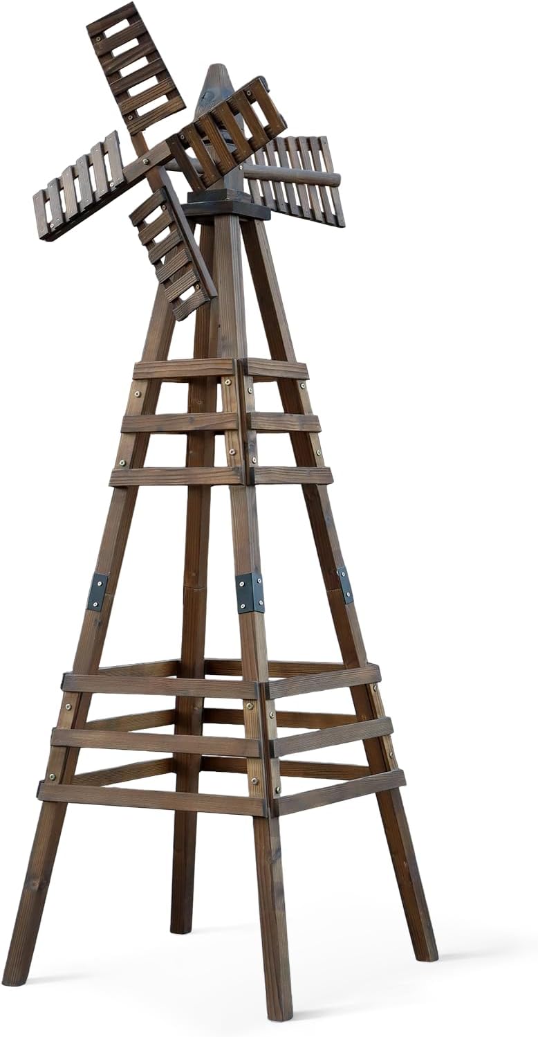 Wooden Windmill, Weather-Proof Wind Spinner, Outdoor Wind Mill for Garden Lawn Patio Decoration (Carbonized, Medium)