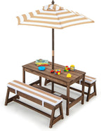 Kids Picnic Table Set with Benches and Umbrella, Foldable Wooden Table and Chair Set for Indoor and Outdoor Use, Playroom Furniture for Toddlers, Children, Baby (Brown)