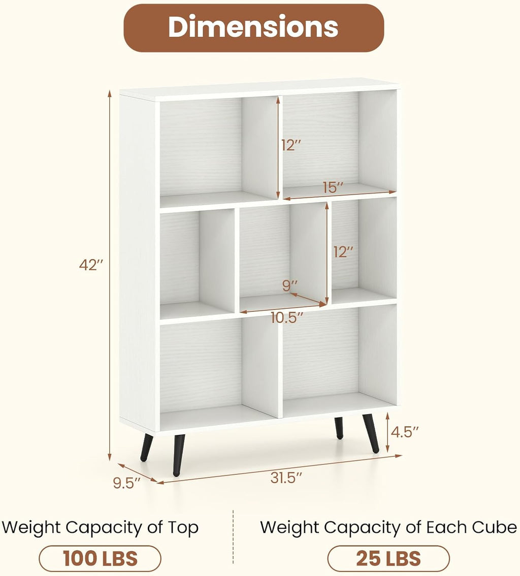 Giantex 7-Cube Bookcase, 3-Tier Modern Bookshelf with 4 Metal Legs, 31.5" Freestanding Open Storage Organizer with 2 Anti-tip Devices, Mid-Century Display Rack for Living Room (31.5" x 9.5" x 42")
