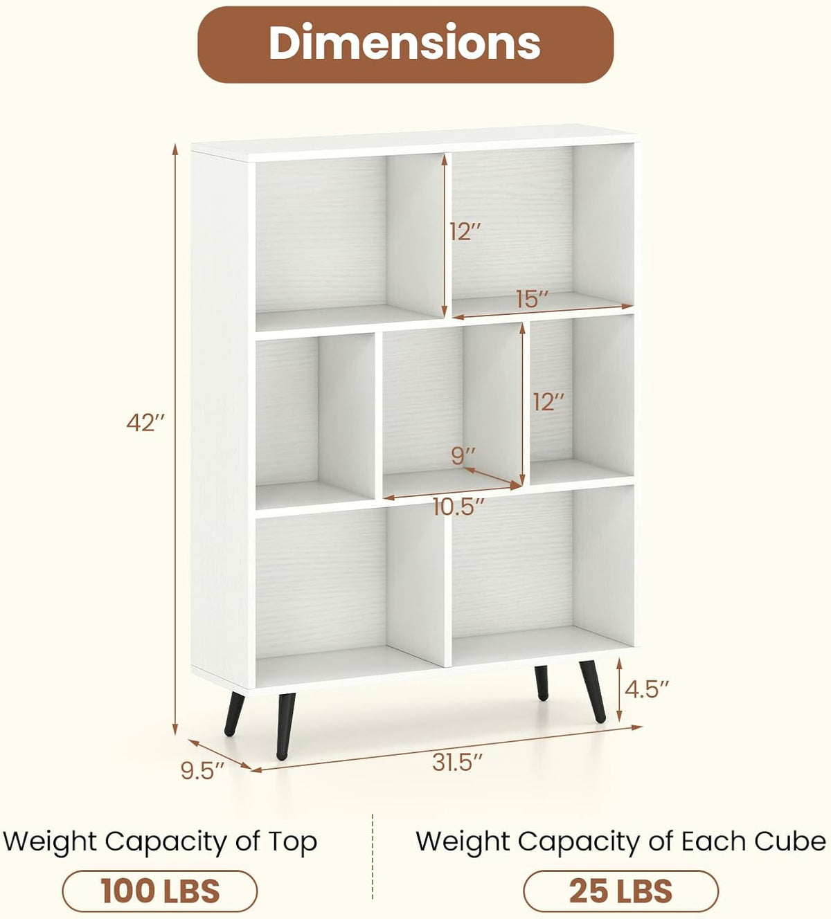 Giantex 7-Cube Bookcase, 3-Tier Modern Bookshelf with 4 Metal Legs, 31.5" Freestanding Open Storage Organizer with 2 Anti-tip Devices, Mid-Century Display Rack for Living Room (31.5" x 9.5" x 42")