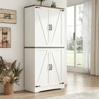 CypherX 75” Farmhouse Storage Cabinet, Large Kitchen Pantry Storage Cabinet with Adjustable Shelves and Barn Doors, Versatile Storage Cupboard for Dinning Room, Bathroom, Living Room, Antique White