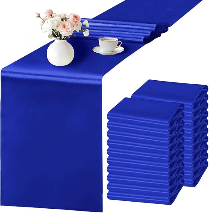 SHEJIZE 20 Pack Royal Blue Satin Table Runner 12x108 Inches Long, Bright Silky Smooth Satin Table Runner Table Decor for Wedding Banquet Christmas Prom Event Birthday Party