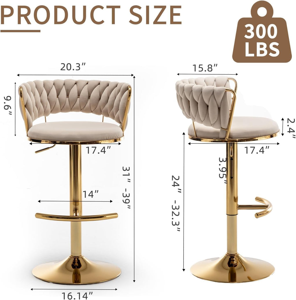 Gold Bar Stools Set of 3, Counter Stools for Kitchen Island (Beige) | Adjustable Height Barstools with Woven Backs, Luxury Velvet Upholstery, Swivel Bar Chairs for Home Bar, Cafe
