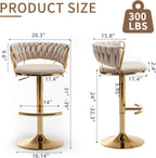 Gold Bar Stools Set of 3, Counter Stools for Kitchen Island (Beige) | Adjustable Height Barstools with Woven Backs, Luxury Velvet Upholstery, Swivel Bar Chairs for Home Bar, Cafe