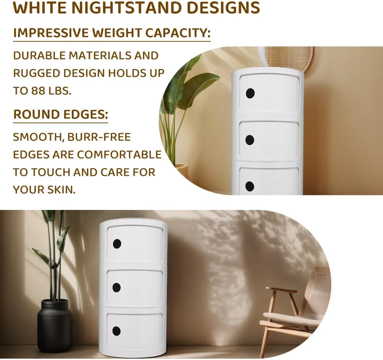 3 Tier Round with Storage, Modern Style Side Table, Multifunctional End Table Storage Cabinet for Living Room, Bedroom, Bathroom (White)