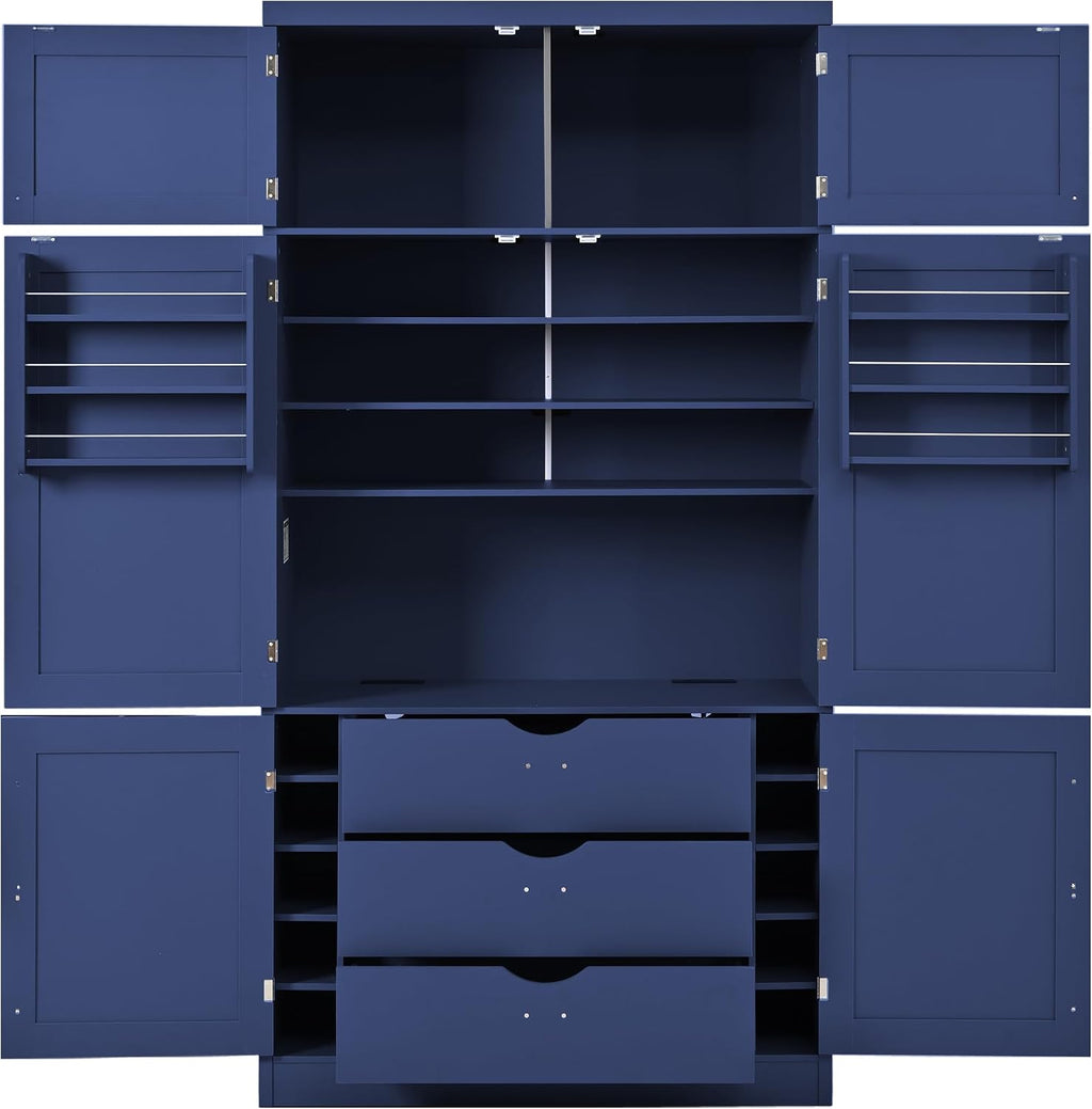 LUMISOL Tall Kitchen Pantry Cabinet with Drawers, 80.1" Freestanding Cupboard Storage Cabinet with Adjustable Shelves and Door Shelves, Kitchen Hutch with 2 Power Outlets for Dining Room, Blue