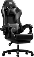 HLDIRECT Gaming Chair with Footrest, Lumbar Support & Headrest, Black&Grey | Ergonomic, 90°-135° recline, adjustable height & 360° swivel, PU leather and 45D foam, for adult gaming, work & relaxing