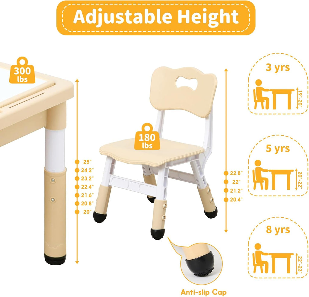 4 in 1 Kids Table and 2 Chairs Set, Large Storage Toddler Table and Chair Set with 4 Side Box, Graffiti/Building Blocks Double-Sided Tabletop, Multi-Functional Children Activity Table