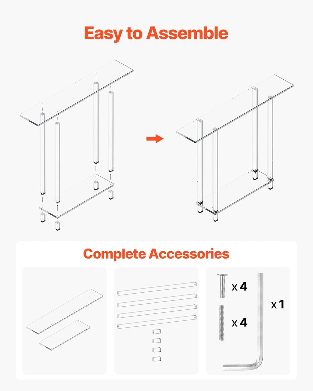 VEVOR Acrylic Narrow Console Table for Entryway, Clear Skinny Entry Side Table, 2-Tier Modern Transparent Sofa End Table, Square Legs, for Hallway, Foyer, Living Room, 7.6" D x 39.4" W x 31.5" H