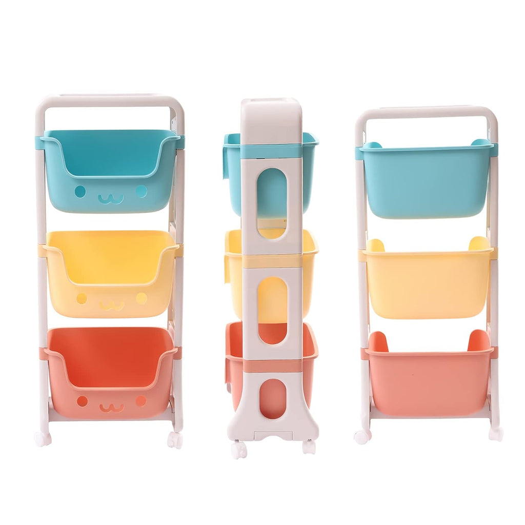 Kids Toy Storage Organizer, Multicolor, 3-Tier Rolling Cart | Children Playroom Decor, Doll Activity Rack Shelf, Plastic Bins Box, Universal Wheels