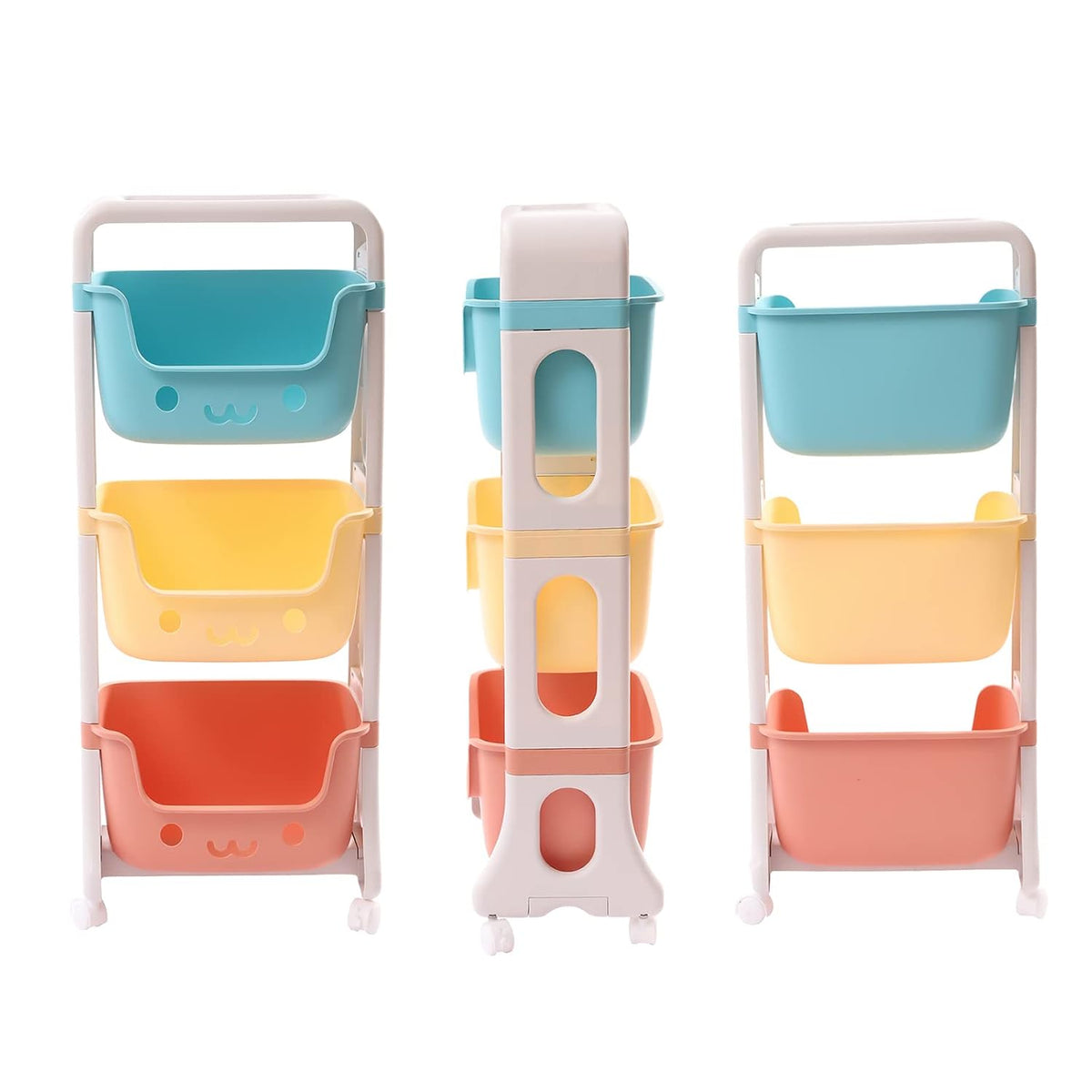 Kids Toy Storage Organizer, Multicolor, 3-Tier Rolling Cart | Children Playroom Decor, Doll Activity Rack Shelf, Plastic Bins Box, Universal Wheels